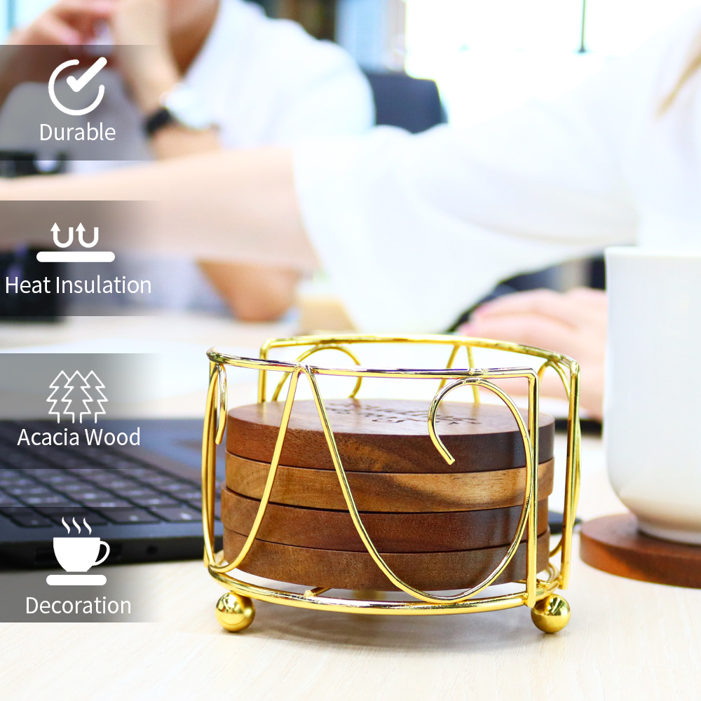 激光實(shí)木杯墊套裝帶收納架